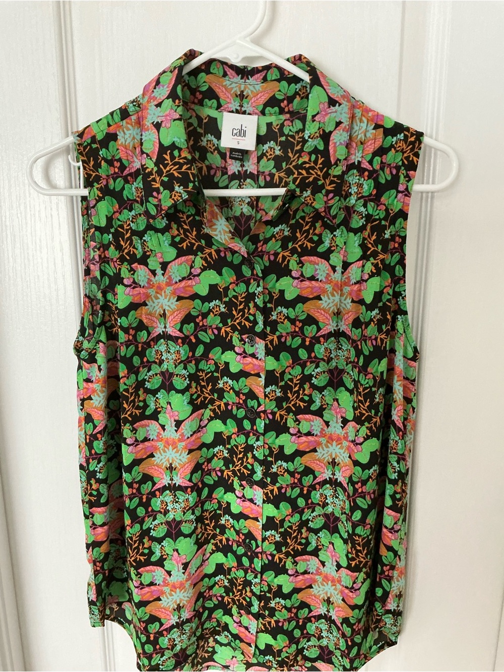 CAbi Black Sleeveless Button-Front Top with Pink & Green Floral Print